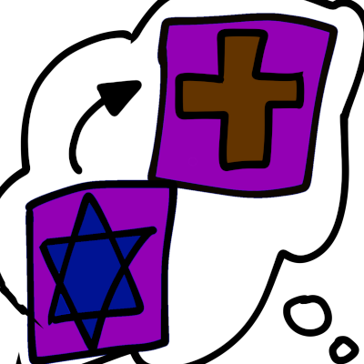  a Star of David below and next to a cross, with an arrow pointing from the former to the latter. There’s a thought bubble around the symbols to show that it’s a belief.